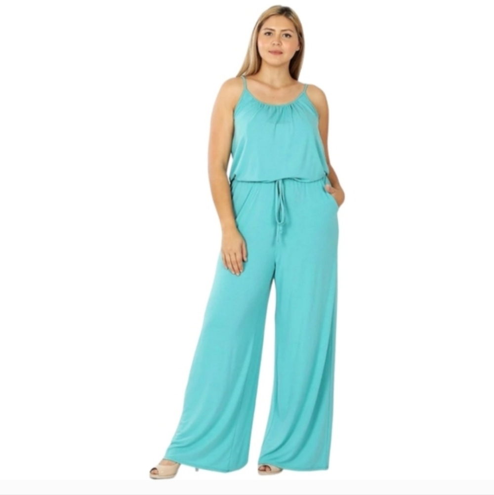 Zenana | Ash Mint Jumpsuit w/ Pockets | Adjustable Straps | Soft & Flowy - Picture 2 of 5